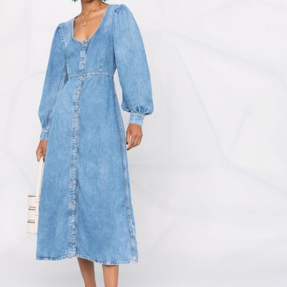 Ganni Long-Sleeve Denim Midi Dress Size 36 - Picture 1 of 5